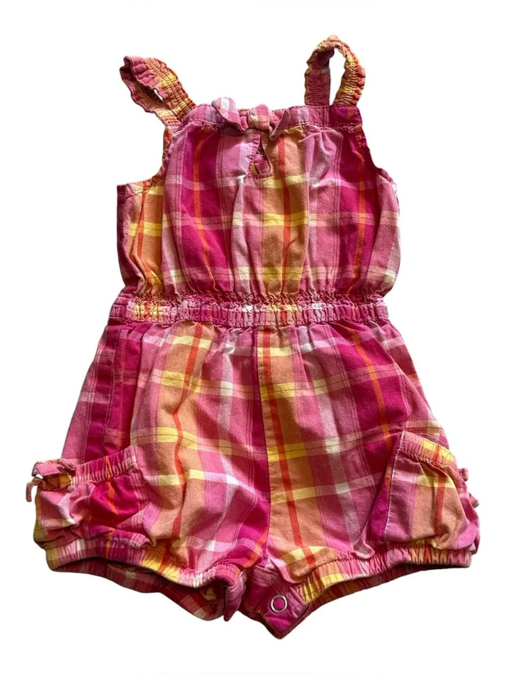 OshKosh B’gosh Baby Romper 6M Pink Yellow Plaid Sleeveless Outfit
